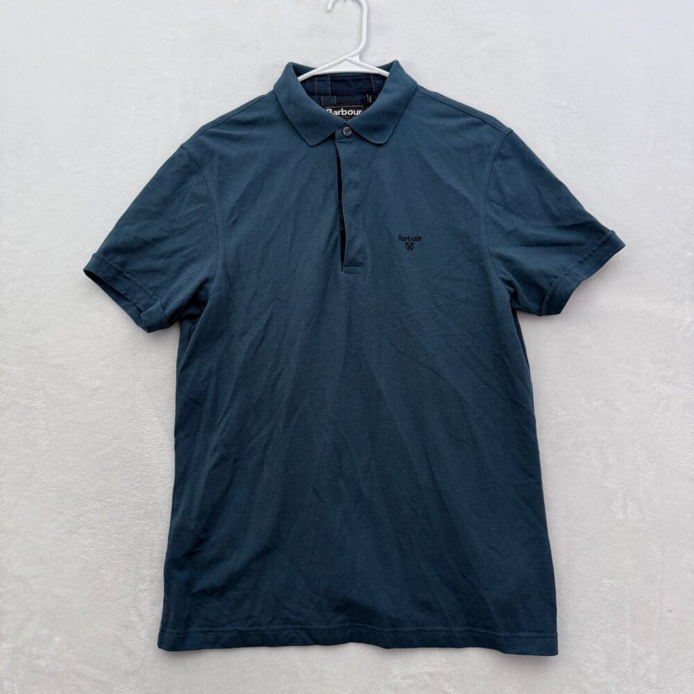 Barbour Polo Shirt Mens L Blue Logo Embroidered Preppy Knit Casual